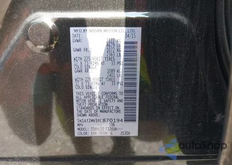 2015 Nissan Rogue Sv из США, поврежденный, VIN 5N1AT2MV3FC870194